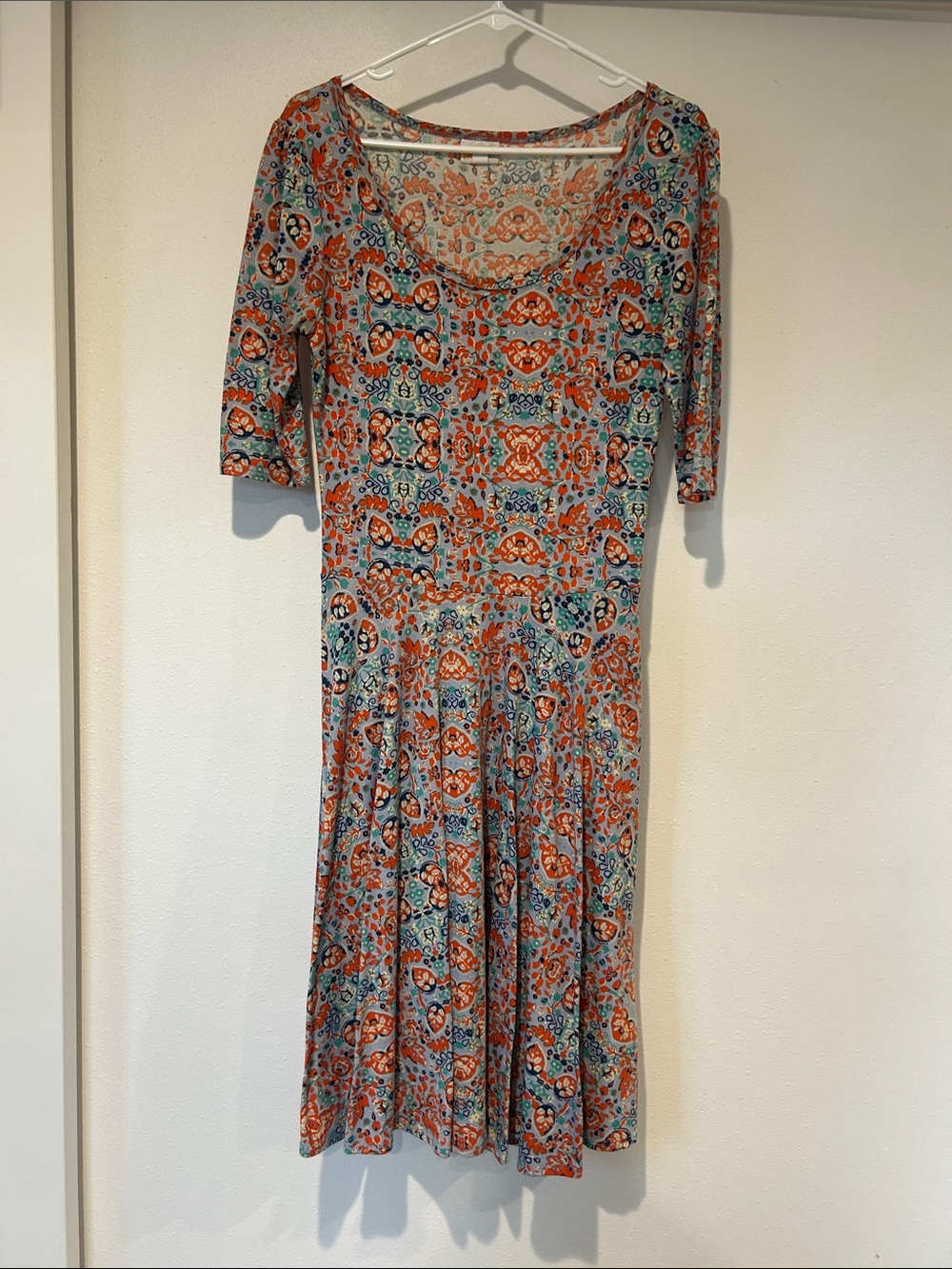 LuLaRoe Midi Dress in Orange, Blue & Cream Floral Medallion Print
